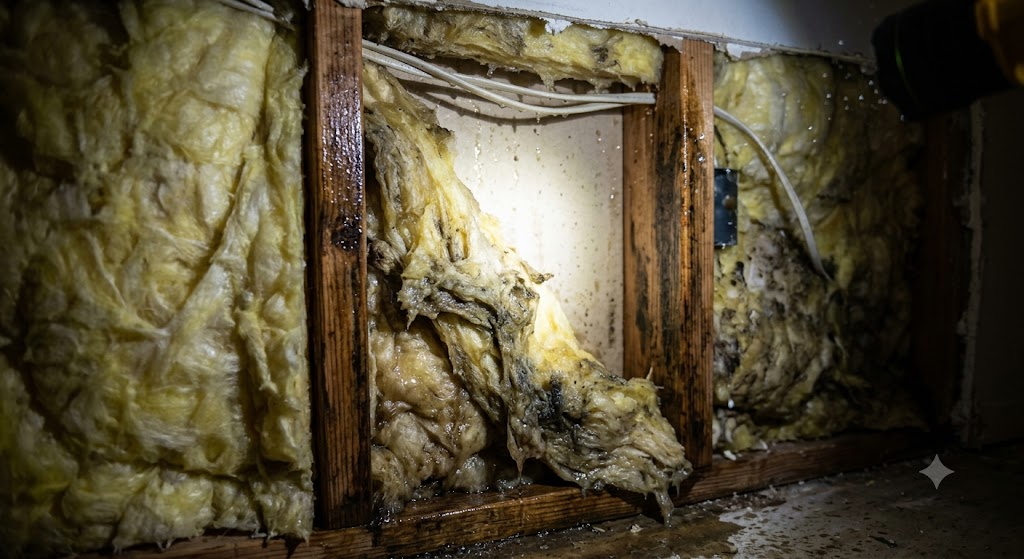 Wet insulation inside an open wall after water damage